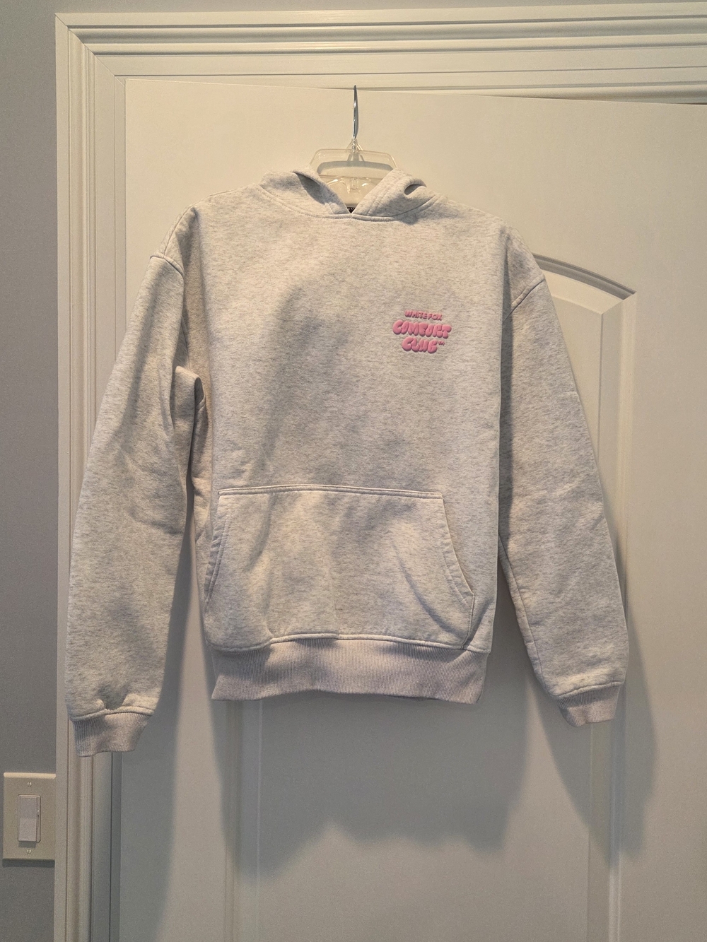 Light Gray Hoodie with Pink Script Logo